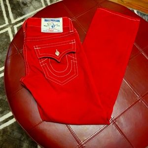 Men's size 30 red with white stitching True Religion jeans.